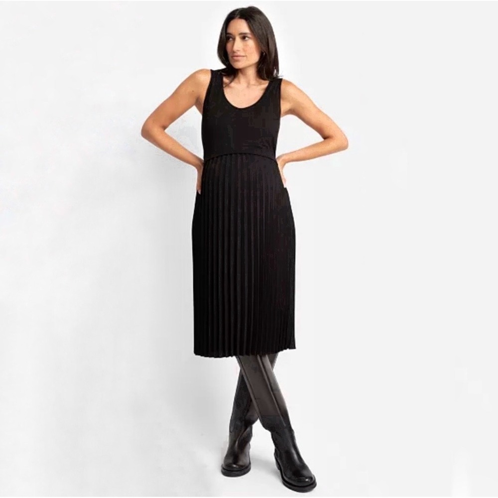 Seraphine Black‎ Pleated Maternity Nursing Midi Dress Sleeveless Size US 4
